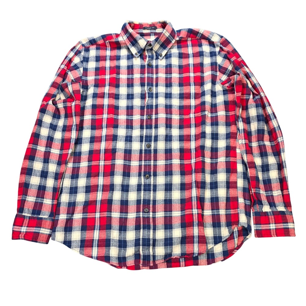 St. John's Bay Plaid Flannel Shirt Men's Size M Red Navy Blue Classic Fit Cotton